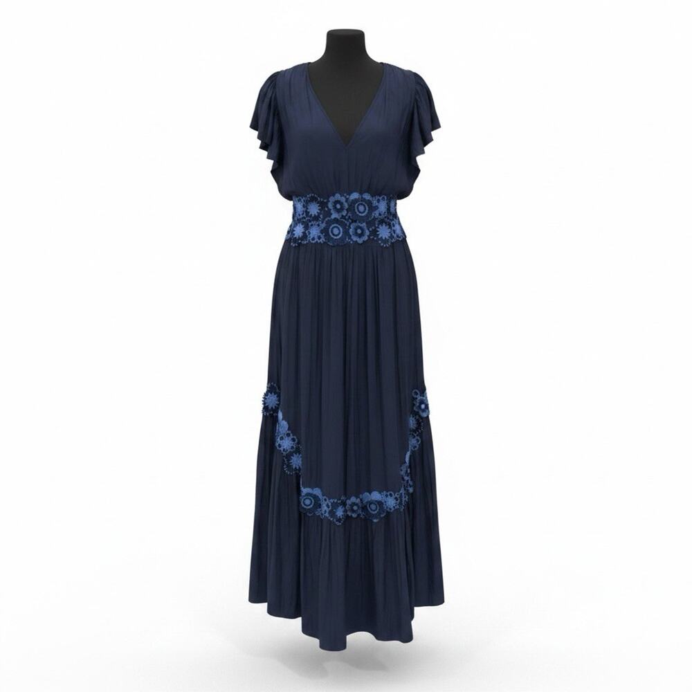 Ramy Brook Size L Navy Blue Embroidered Floral V Neck Flutter Sleeve Maxi Dress